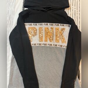 PINK Victoria's Secret Black and Gray Hoodie with Gold Sequin Logo